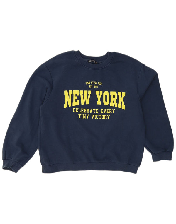Felpa grafica Zara da donna New York, maglione UK 14, blu navy medio