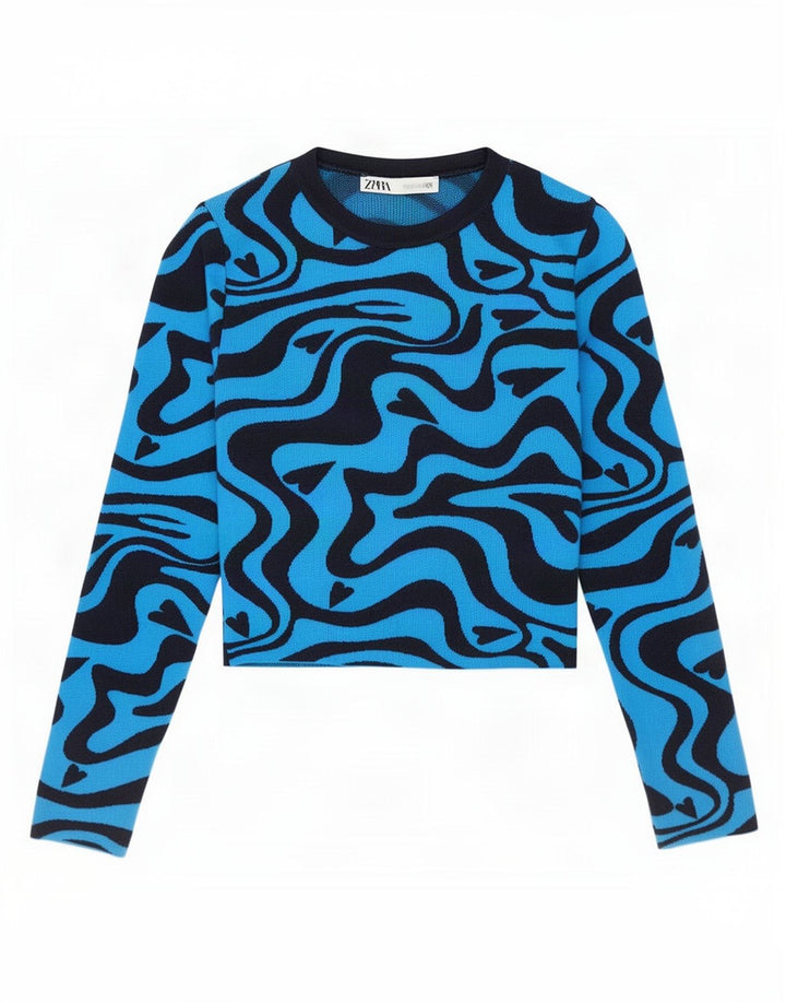 Top corto da donna a maniche lunghe con motivo astratto Zara UK 8 piccolo in poliestere blu