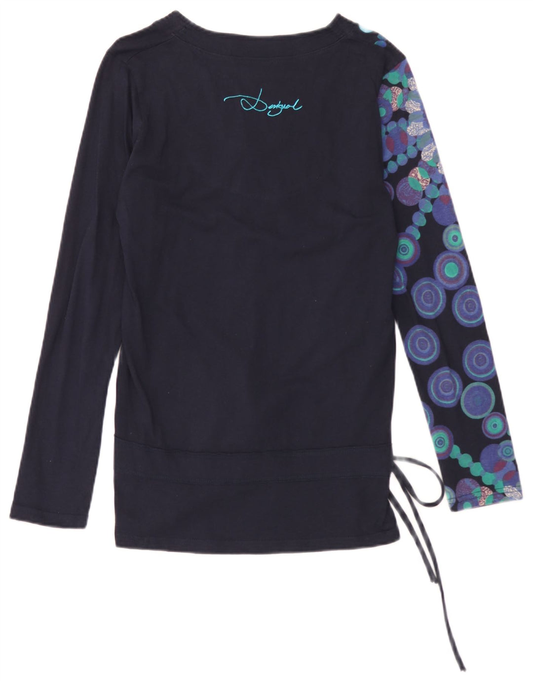 Desigual Donna Graphic Top Manica Lunga UK 14 Medio Blu Navy Floreale