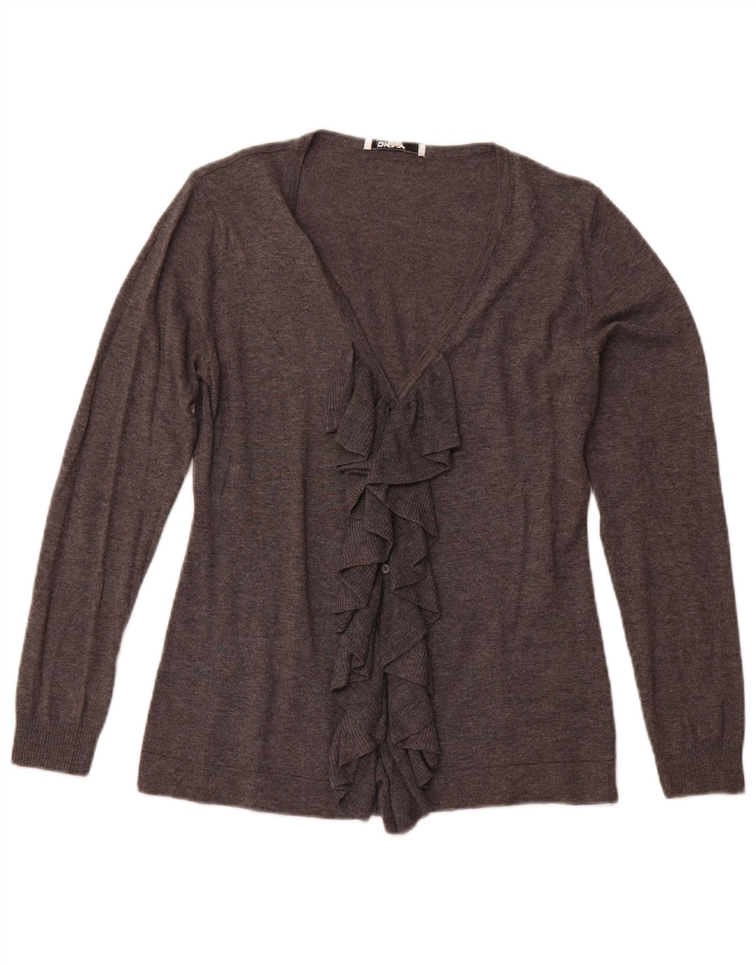 Maglione cardigan con volant sul davanti da donna Dkny UK 12 Cotone grigio medio