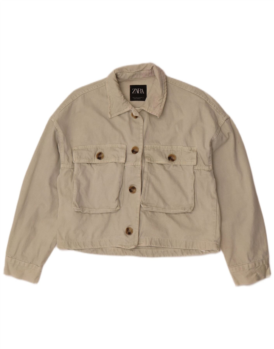 Giacca corta in denim da donna Zara UK 10 piccola in cotone bianco sporco