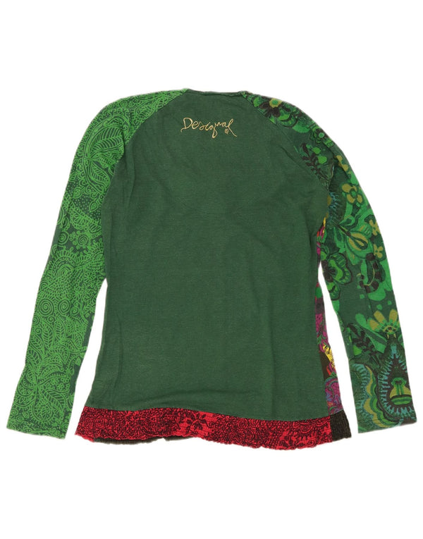 Desigual Donna Graphic Top Manica Lunga UK 10 Piccolo Verde Floreale Cotone