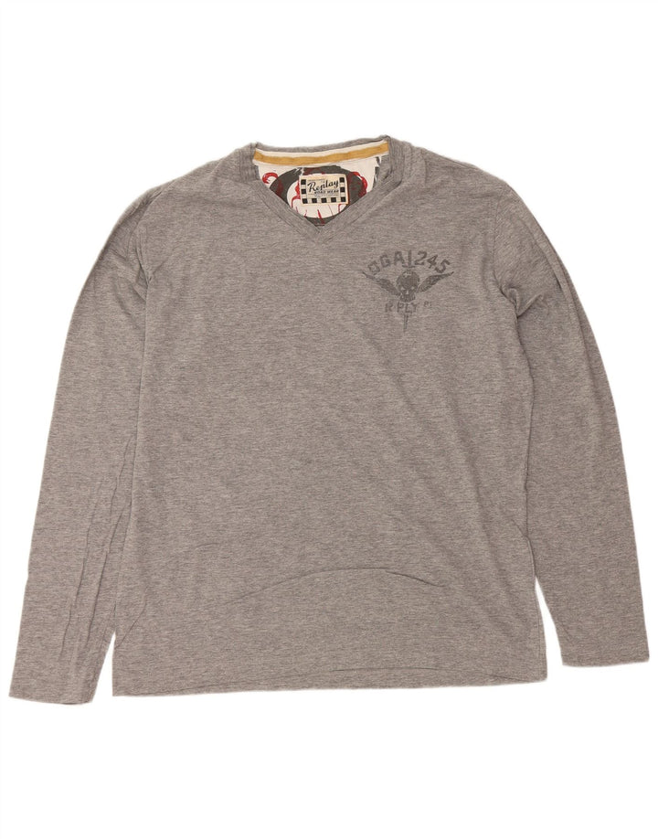 REPLAY Top grafico da uomo a maniche lunghe in cotone grigio grande