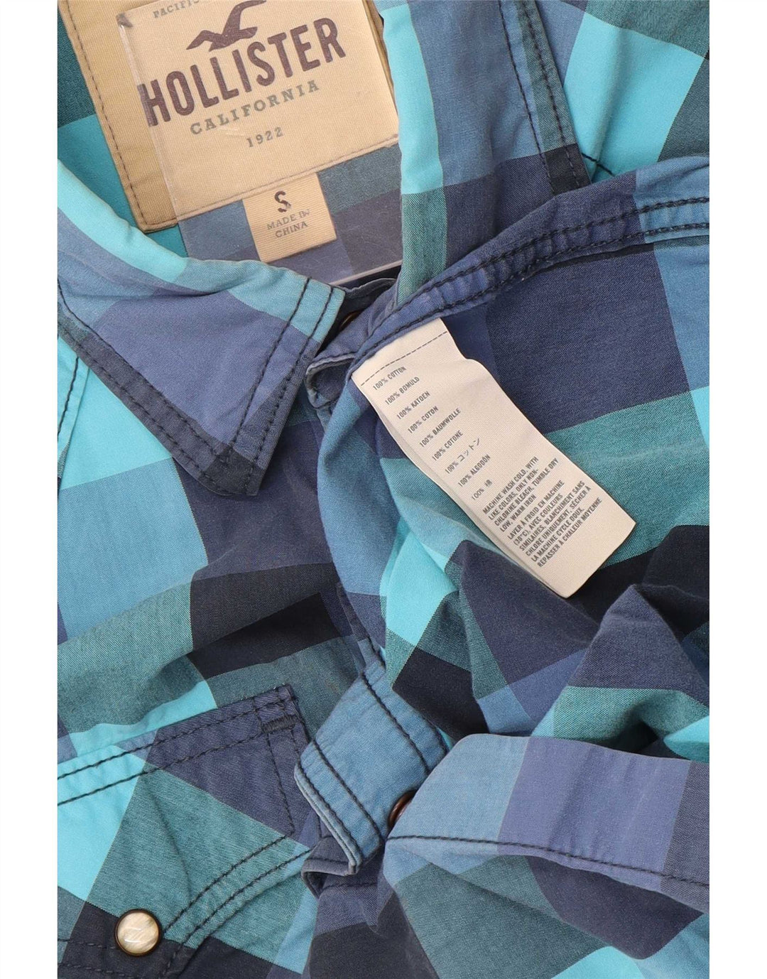 Camicia Western Hollister da uomo piccola in cotone a quadretti blu