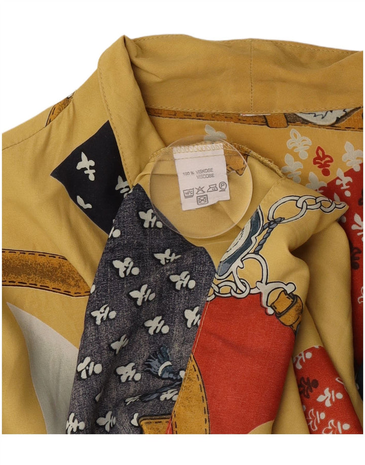 Camicetta camicia a maniche a 3/4 con motivo astratto vintage da donna UK 14 grande gialla