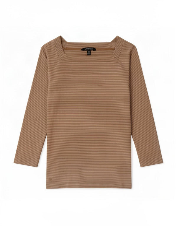 Top corto da donna Ralph Lauren manica 3/4 UK 8 piccolo cotone gessato beige