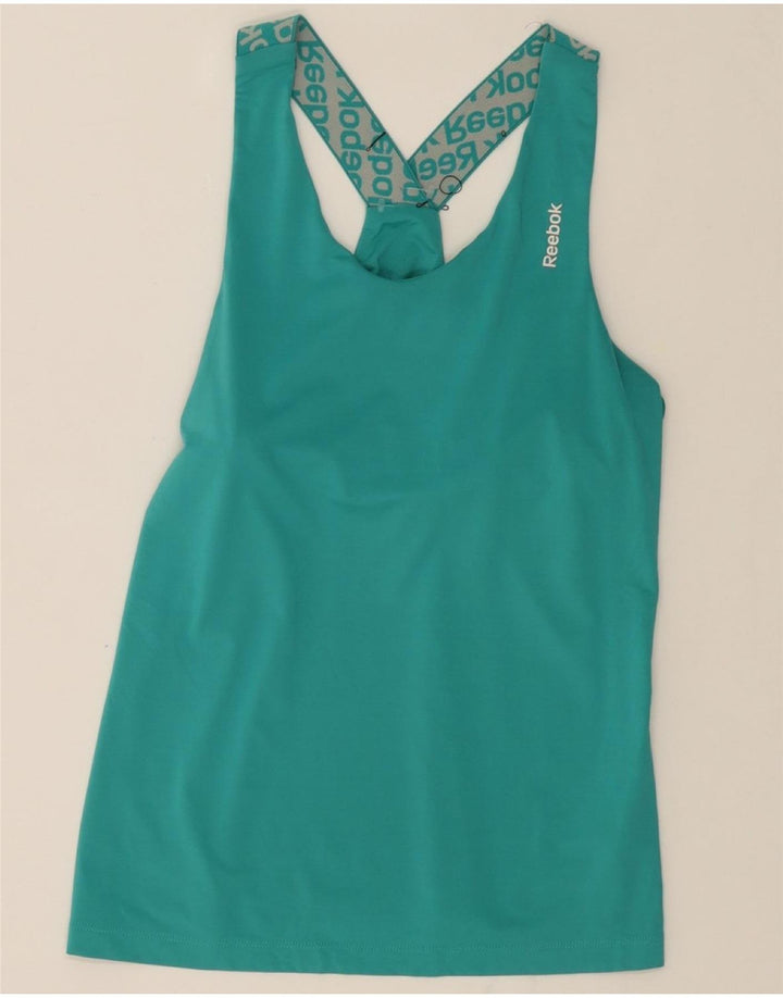 REEBOK Womens Graphic Vest Top UK 12 Medium Turquoise Polyester Vintage Reebok and Second-Hand Reebok from Messina Hembry 
