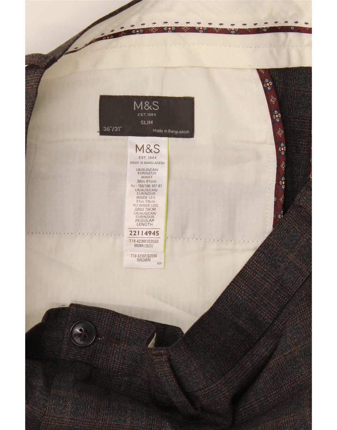 Pantaloni chino slim da uomo Marks & Spencer W36 L31 poliestere a quadri marroni
