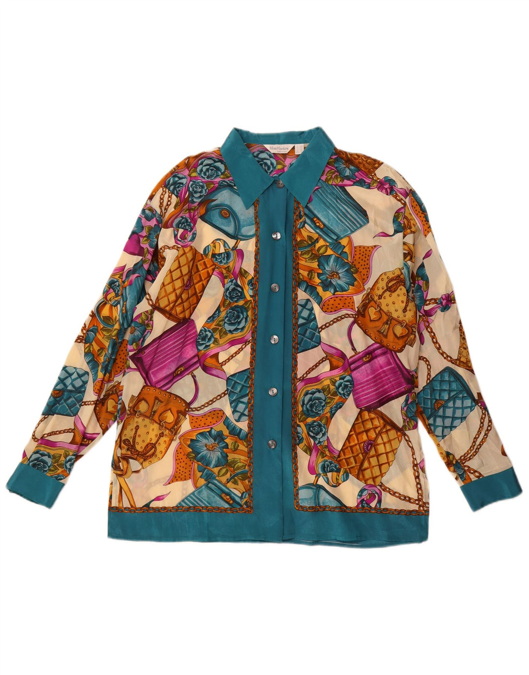 Camicetta camicia vintage da donna con motivo astratto UK 14 grande multicolore