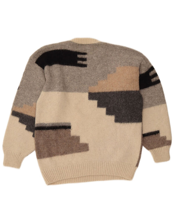 Maglione maglione girocollo da donna VINTAGE UK 14 Large Beige Colourblock