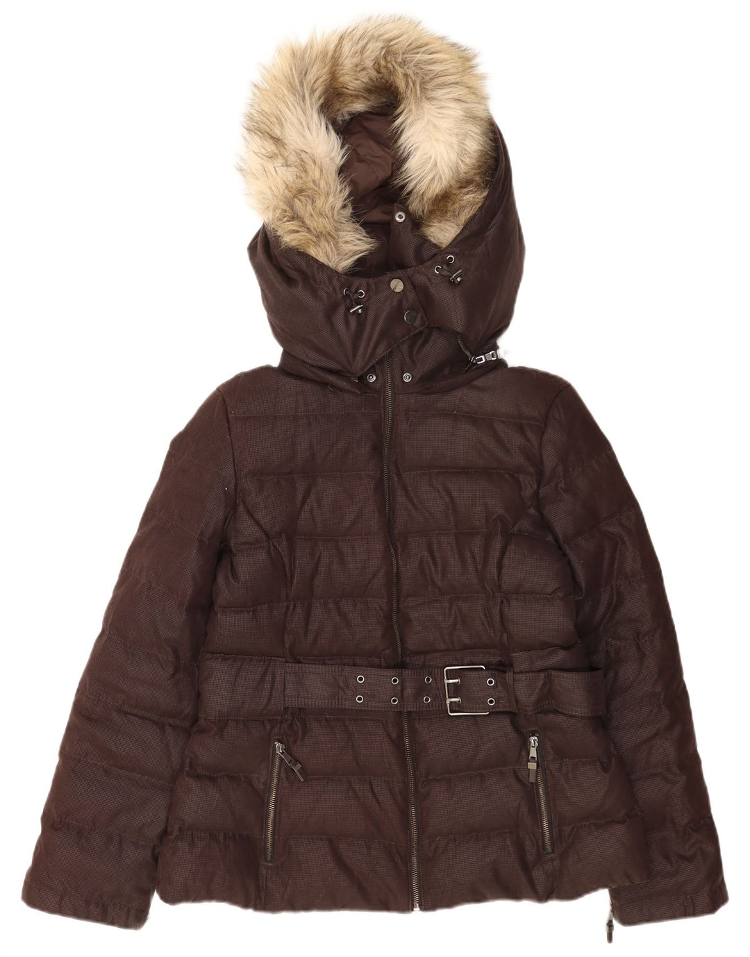 Giacca imbottita con cappuccio da donna Zara UK 40 grande marrone poliestere