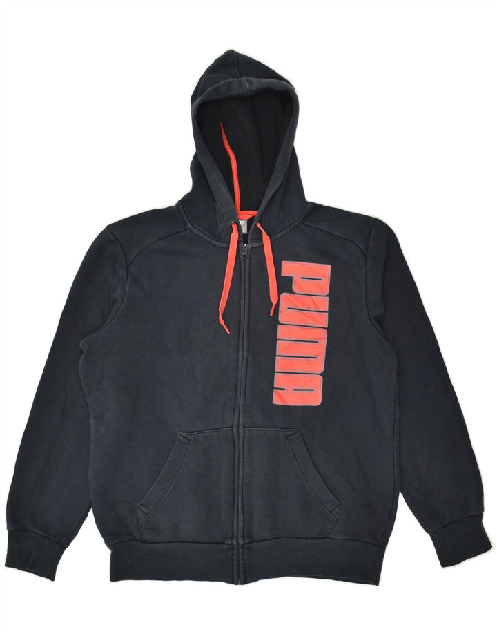 PUMA Mens Graphic Zip Hoodie Sweater Medium Navy Blue Cotton | Vintage Puma | Thrift | Second-Hand Puma | Used Clothing | Messina Hembry 