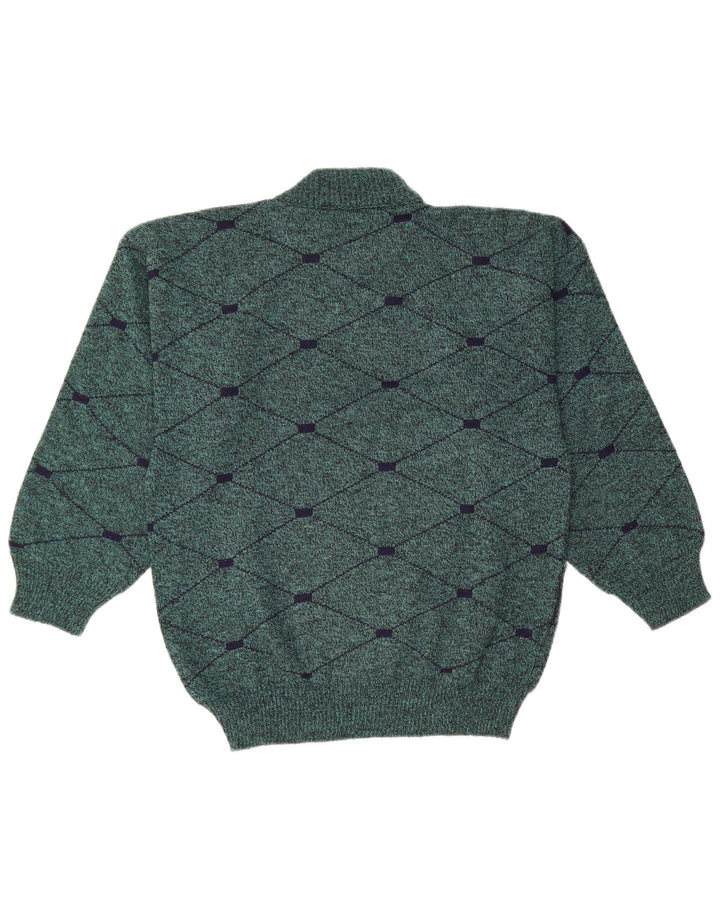 Maglione vintage da uomo con collo alto e lana a rombi/diamante verde medio