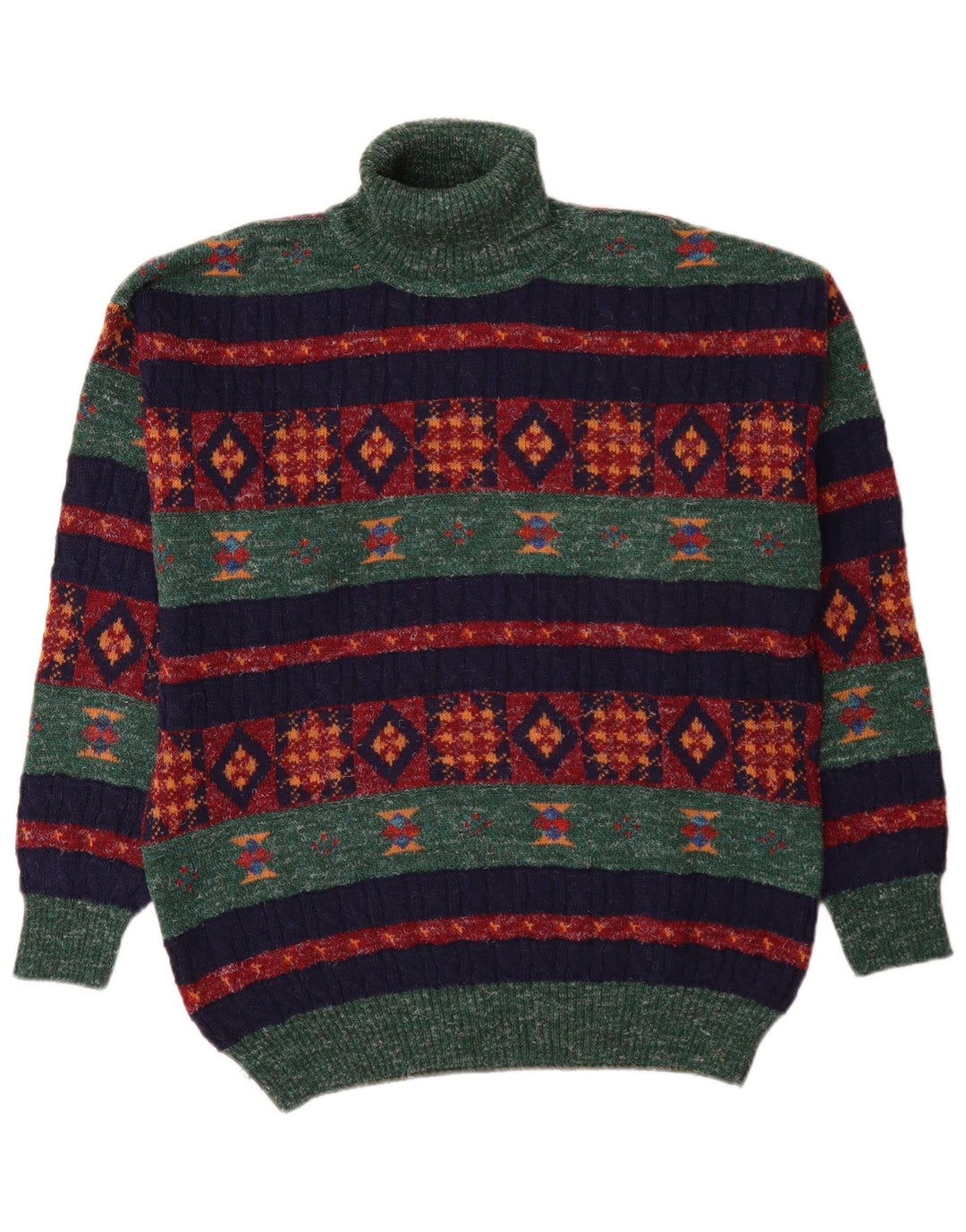 Maglione vintage da uomo con collo alto e lana di alpaca geometrica verde medio