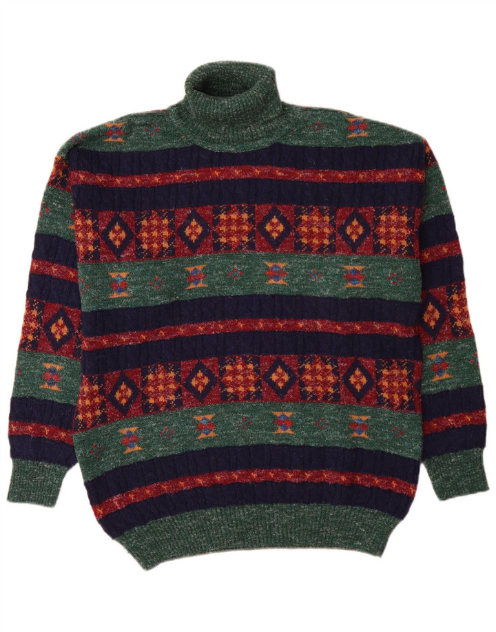 Maglione vintage da uomo con collo alto e lana di alpaca geometrica verde medio