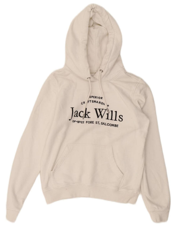 JACK WILLS Maglione con cappuccio grafico da donna corto UK 8 piccolo cotone bianco