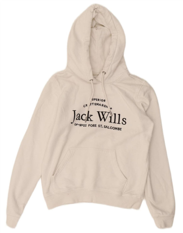 JACK WILLS Maglione con cappuccio grafico da donna corto UK 8 piccolo cotone bianco