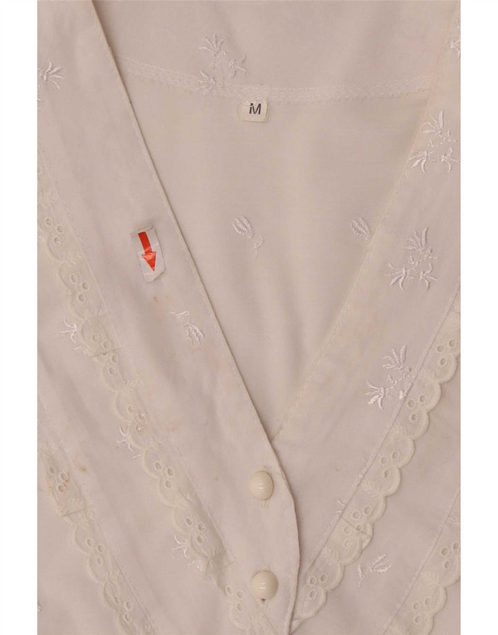 Camicetta vintage da donna con cravatta corta sul davanti UK 12 floreale bianco medio