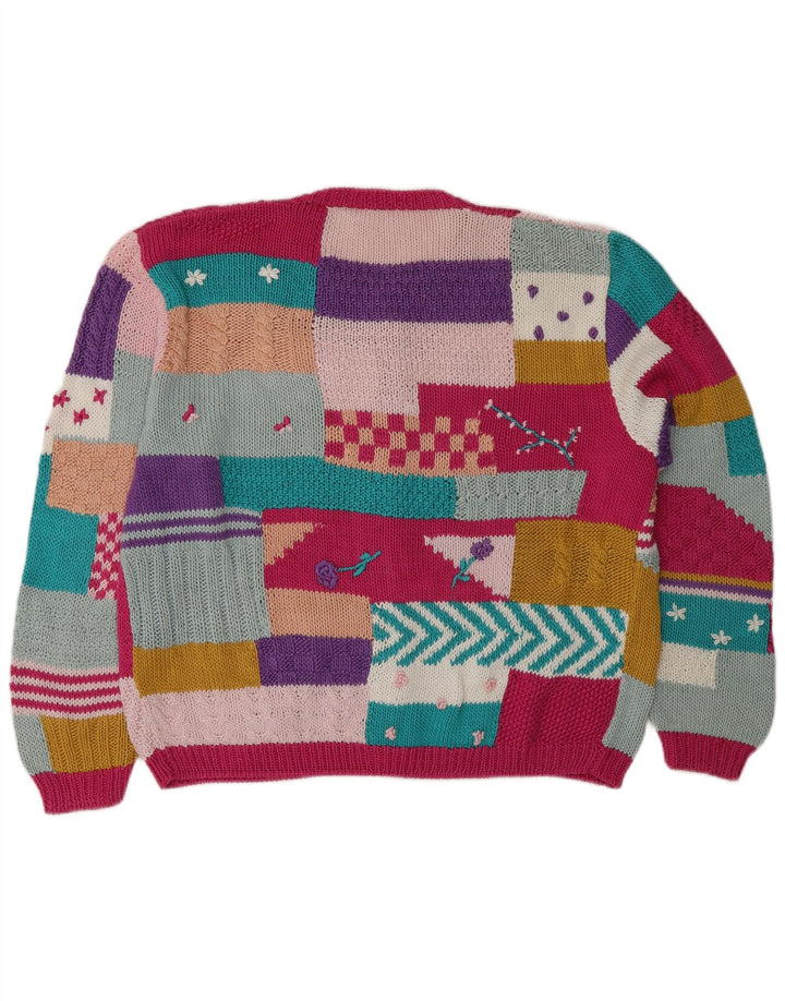 Maglione cardigan da donna vintage UK 14 Grande patchwork multicolore
