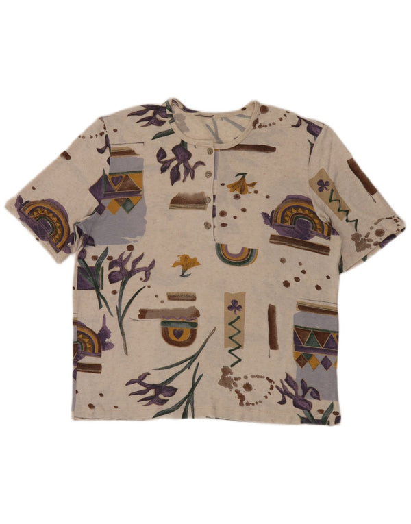 T-shirt vintage da donna Top UK 16 grande viscosa geometrica beige