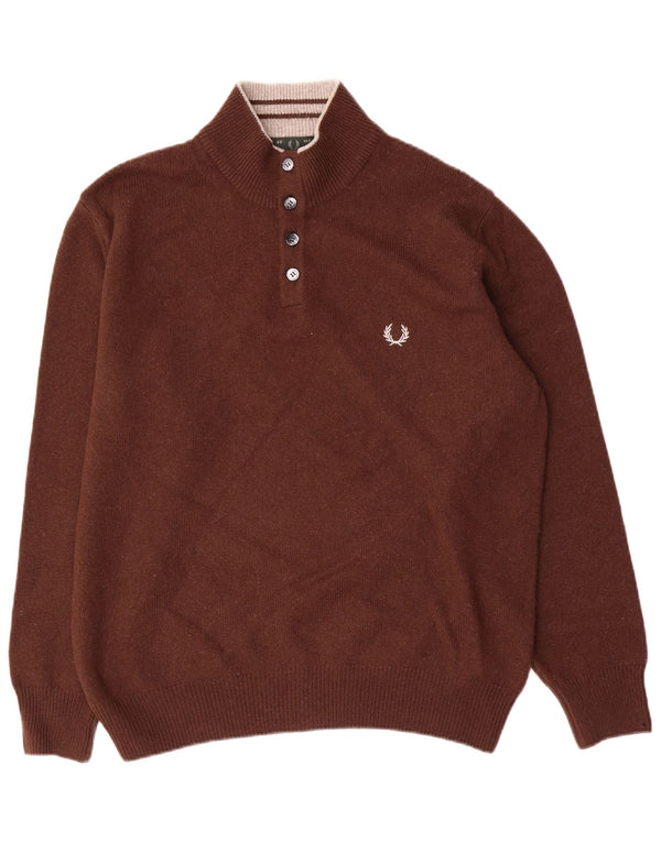 Maglione da uomo Fred Perry con collo a bottoni, grande, in lana marrone