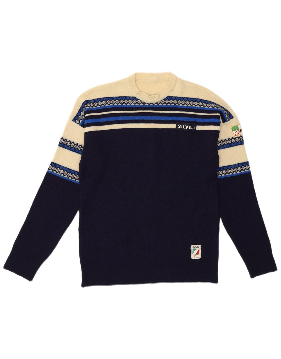 SILVY Womens Crew Neck Jumper Sweater UK 10 Small Navy Blue Colourblock
