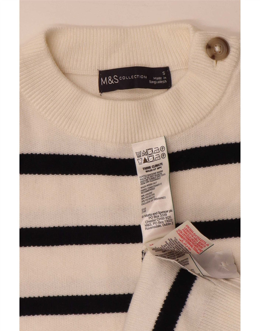 Maglione maglione girocollo da donna Marks & Spencer UK 10 piccolo a righe bianche