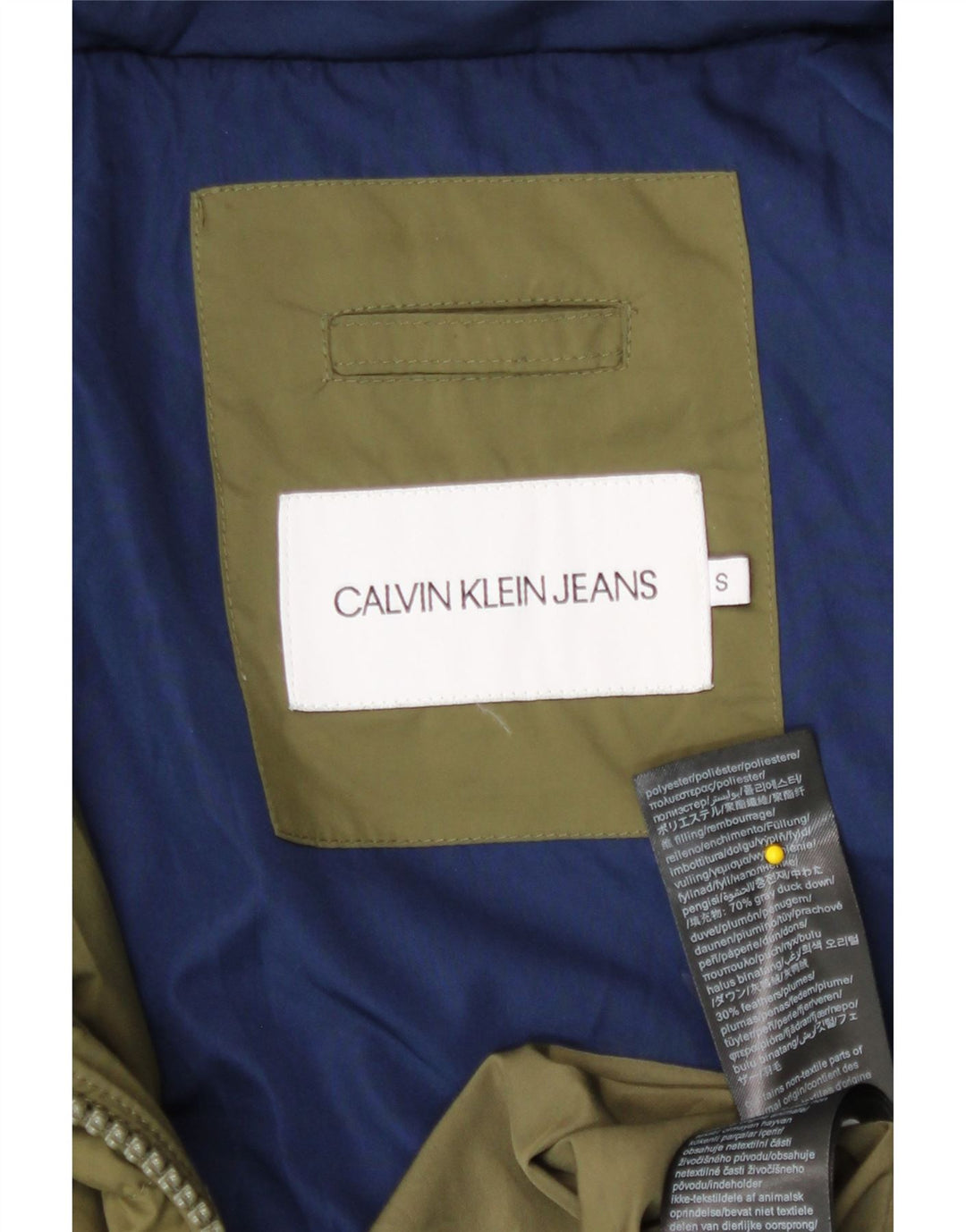 Giacca imbottita con cappuccio da uomo Calvin Klein Jeans UK 36 piccola poliestere kaki