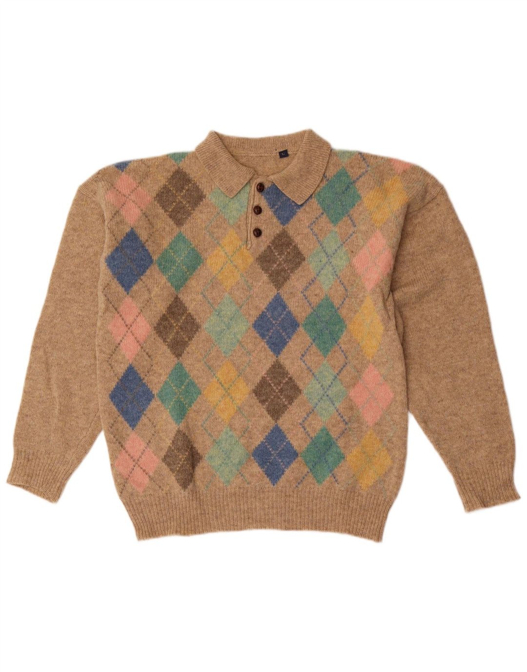 Maglione vintage da uomo con collo alto, grande lana a rombi/diamante beige