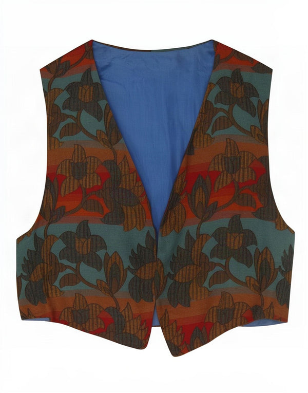 Gilet OPEN da donna vintage UK 12 marrone medio floreale