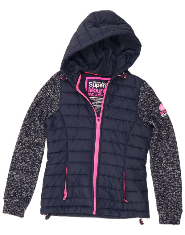 Giacca imbottita con cappuccio da donna Superdry UK 8 Small Poliestere screziato blu navy