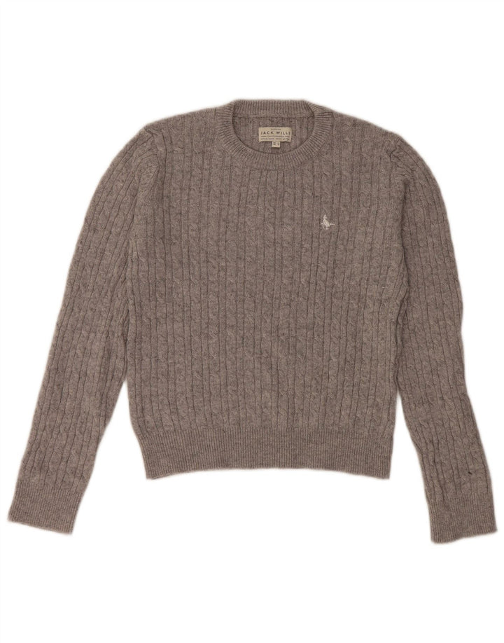 JACK WILLS Maglione corto girocollo da donna UK 12 Lana grigio medio