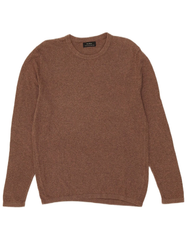 Maglione girocollo da uomo Zara in cotone screziato marrone medio