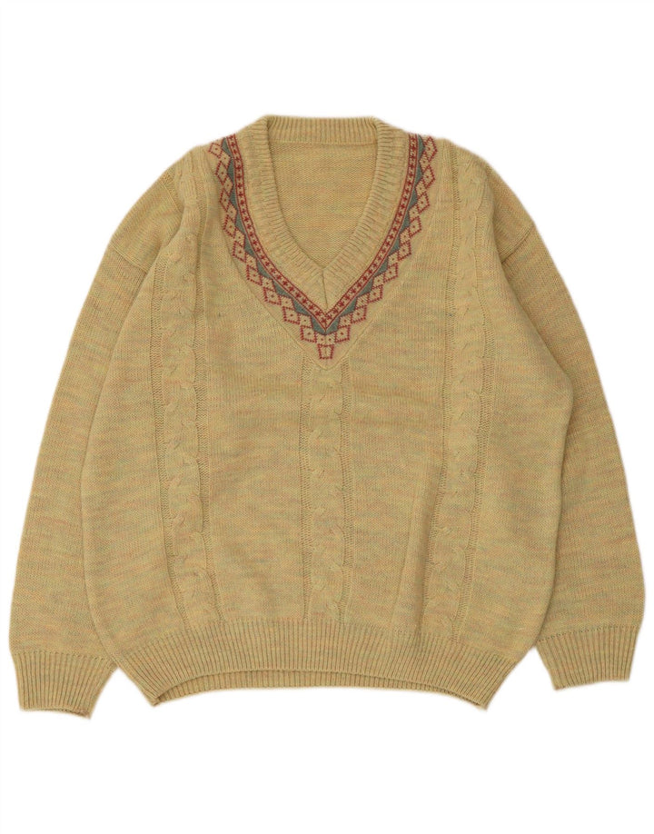 Maglione vintage da uomo con scollo a V, grande lana geometrica gialla