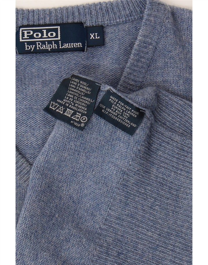 POLO RALPH LAUREN Maglione da uomo con scollo a V XL Lana d'agnello screziata blu