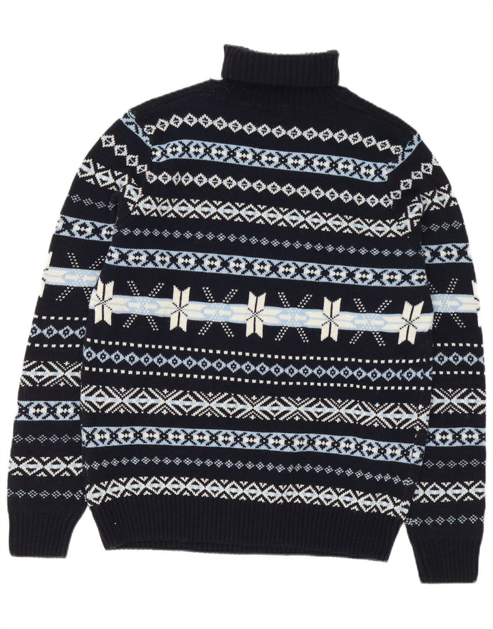 GUTTERIDGE Maglione da uomo con collo alto e maglione XL in lana Fair Isle blu navy