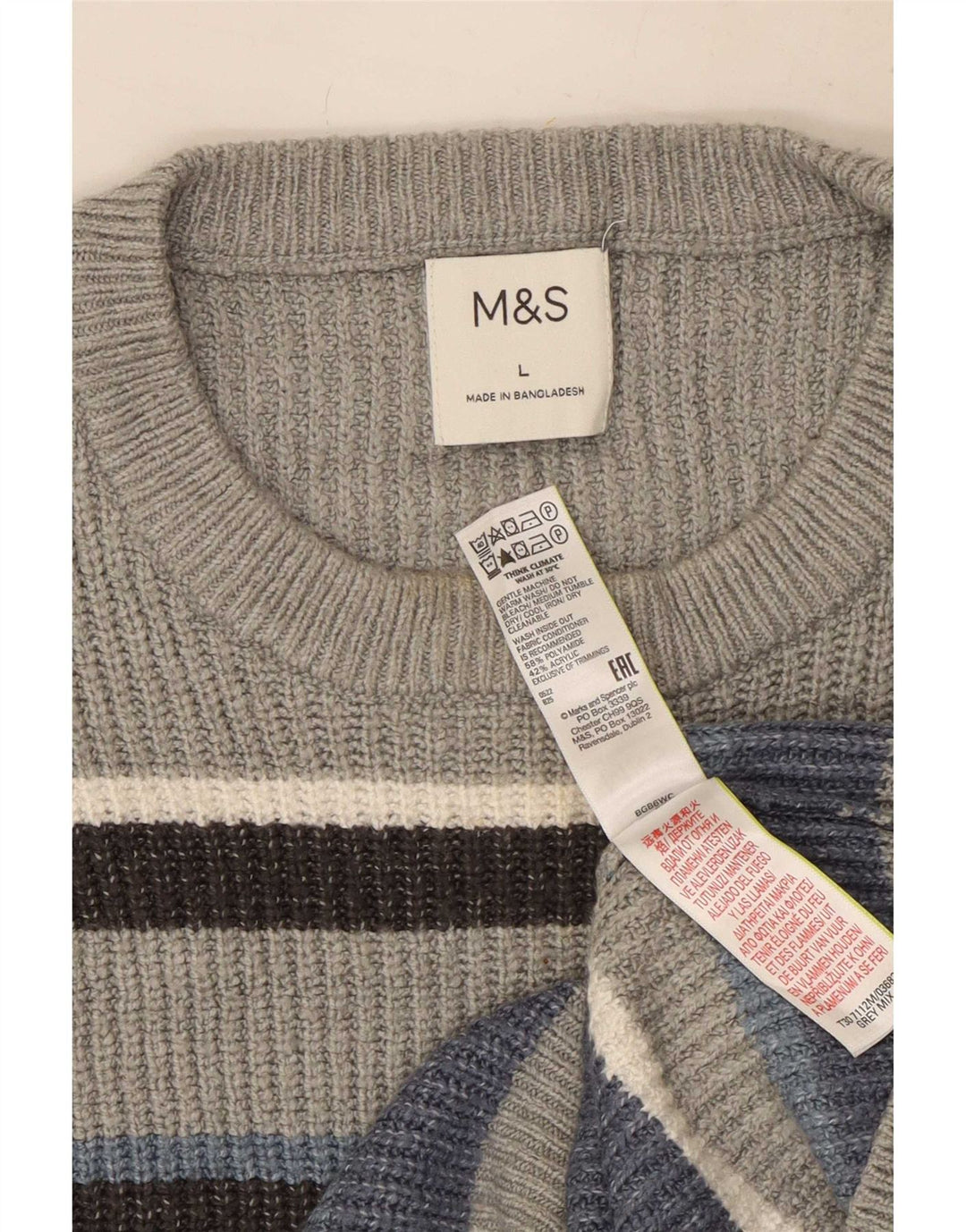Maglione maglione girocollo da uomo Marks & Spencer grande poliestere a righe grigie