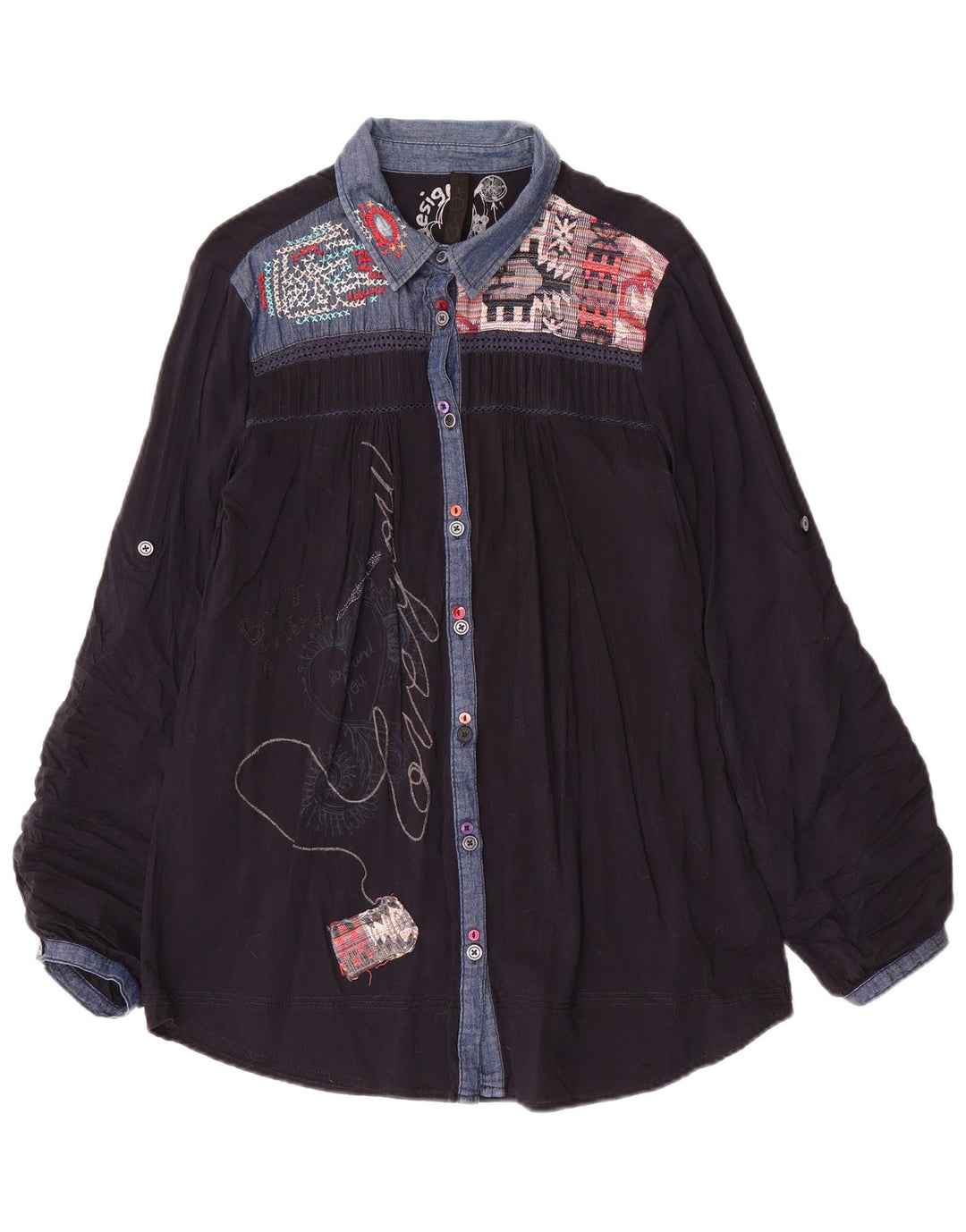 Desigual Camicia grafica da donna Camicetta UK 18 XL Patchwork blu navy