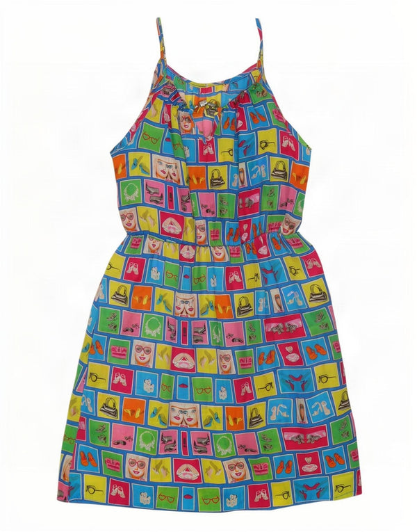 Prendisole grafico da donna vintage UK 14 grande cotone patchwork multicolore