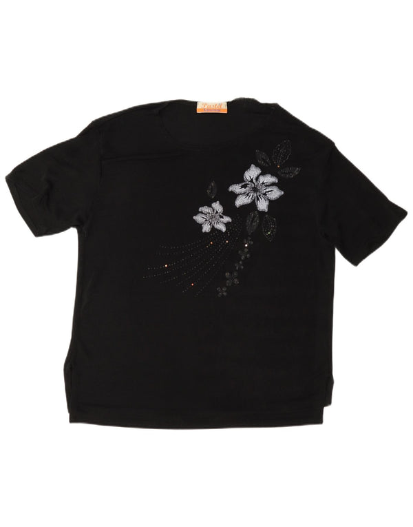 T-shirt vintage da donna Top UK 16 grande floreale nero