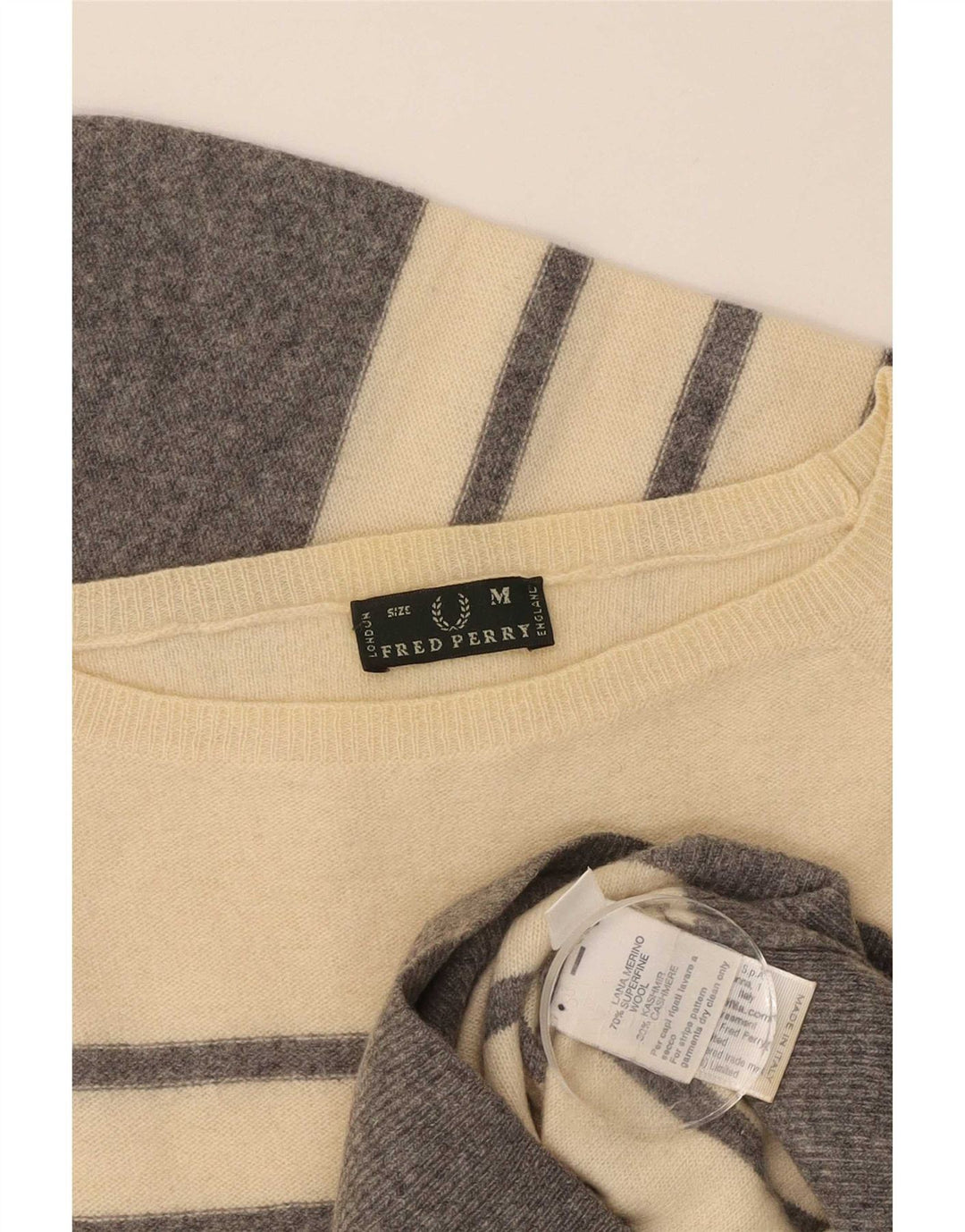 Maglione maglione con scollo a barca da donna Fred Perry UK 12 Lana a righe beige medio