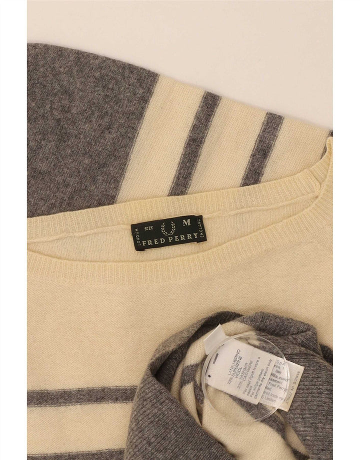 Maglione maglione con scollo a barca da donna Fred Perry UK 12 Lana a righe beige medio