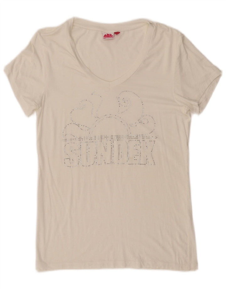 T-shirt grafica da donna SUNDEK Top UK 14 grande bianca