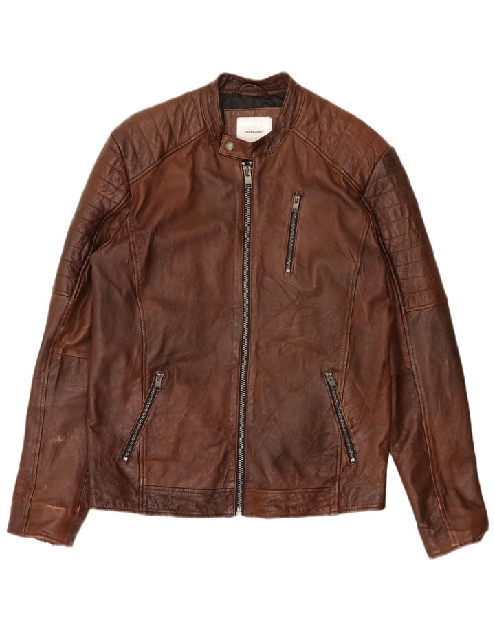 Giacca da motociclista in pelle da uomo Jack & Jones UK 40 grande in pelle marrone