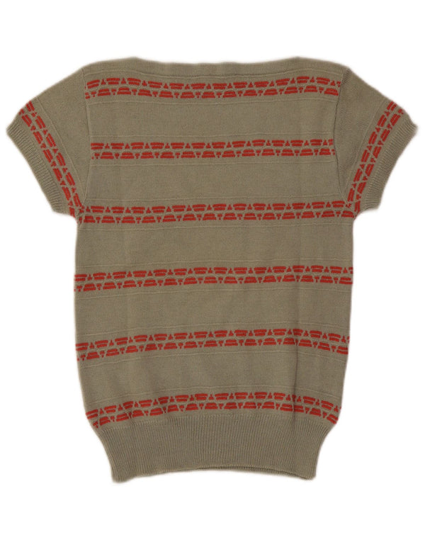 Maglione da donna vintage a maniche corte con scollo a barca UK 6 XS a righe kaki