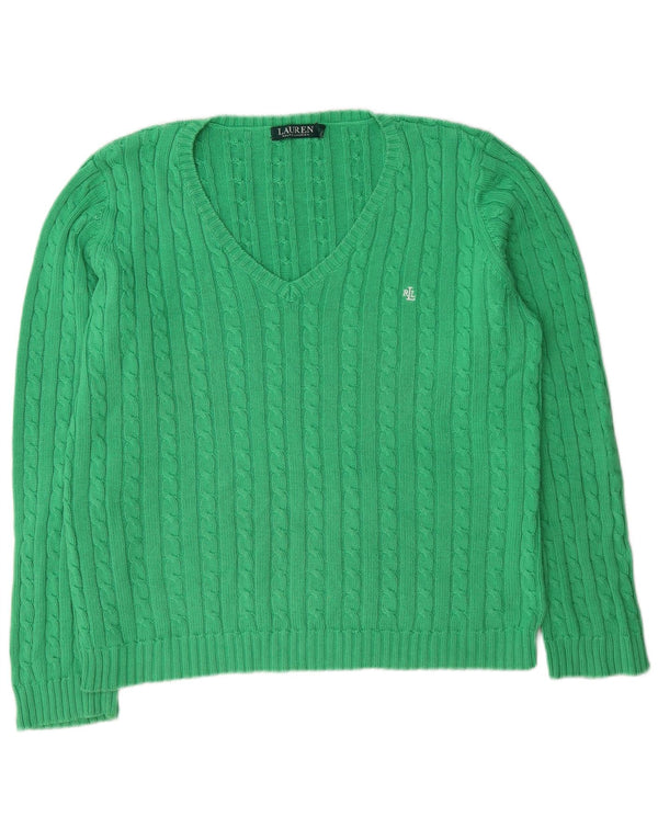 Maglione maglione con scollo a V da donna Ralph Lauren UK 16 grande cotone verde