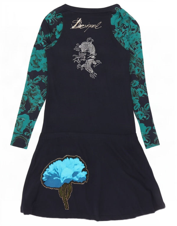 Desigual Abito da donna a maniche lunghe a vita bassa UK 12 Medio Blu navy floreale