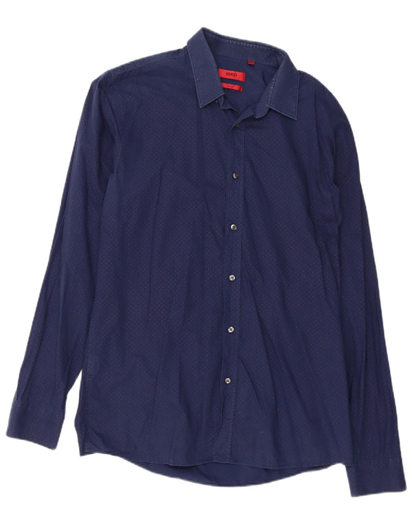 Camicia slim fit da uomo Hugo Boss Large in cotone maculato blu navy