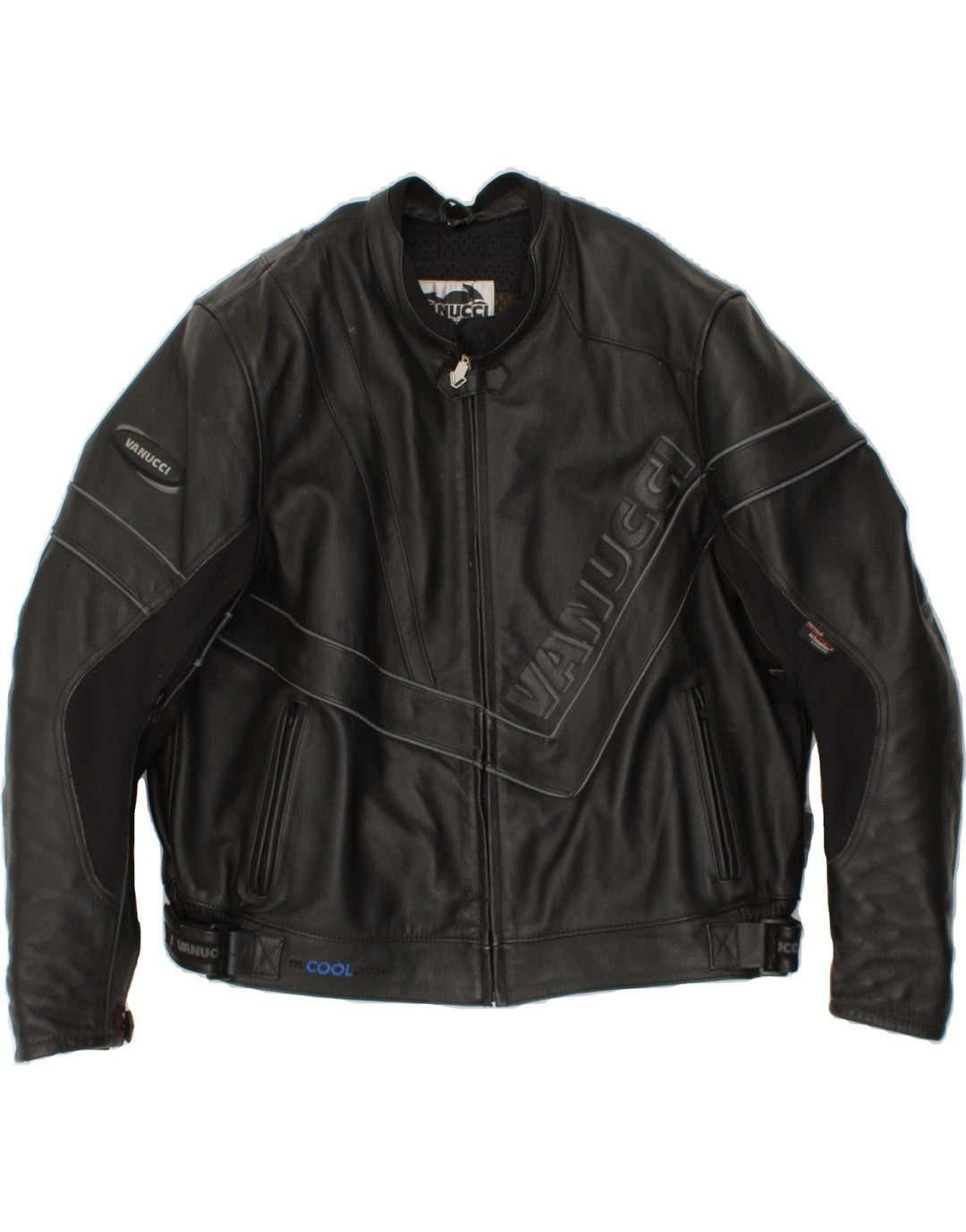 VANUCCI Mens Motorcycle Graphic Biker Jacket UK 40 Large Black Leather Vintage Vanucci and Second-Hand Vanucci from Messina Hembry 