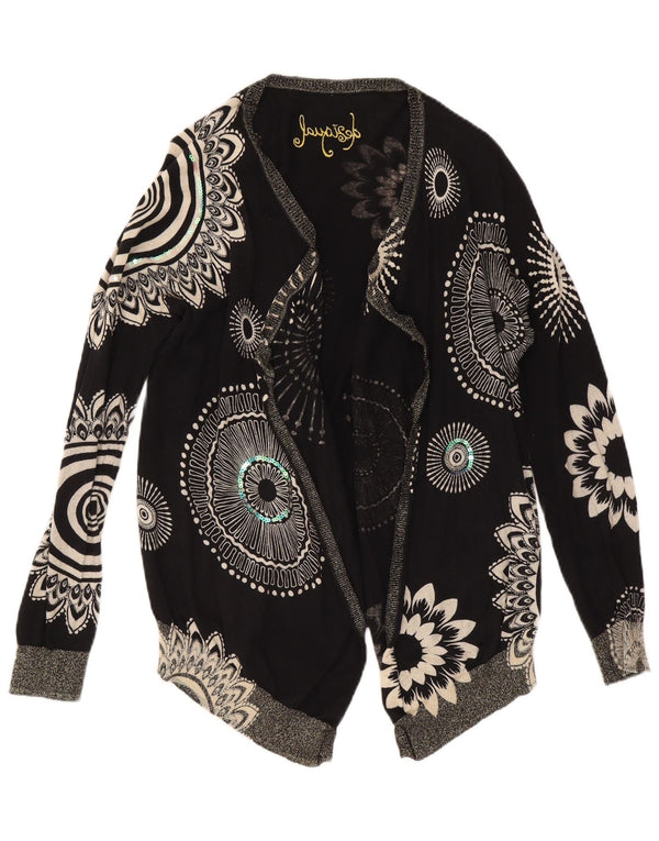 Desigual Donna Cardigan Aperto Maglione UK 14 Medio Nero Floreale